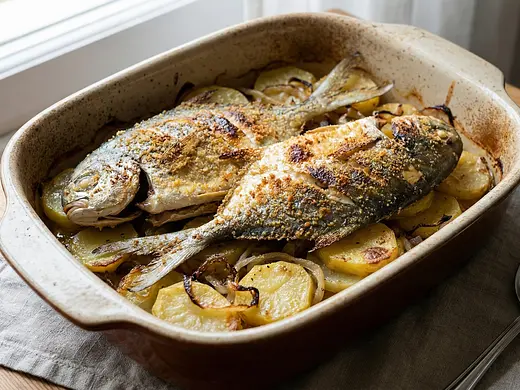 Pámpanos al horno con papas y cebolla