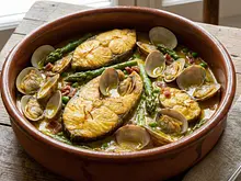 Róbalo a la cazuela con almejas y espárragos