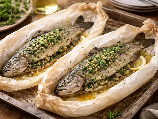 Truchas en papillote con mantequilla de hierbas