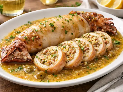 Calamar Relleno en Salsa de Vino Blanco