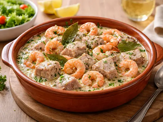 Camarones y Atún en Salsa Blanca con Vino y Laurel