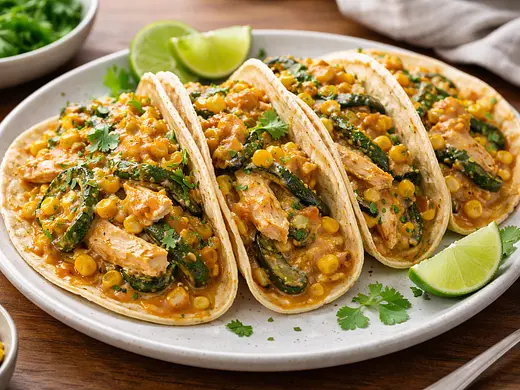 Tacos cremositos de pollo con rajas, elote y chipotle