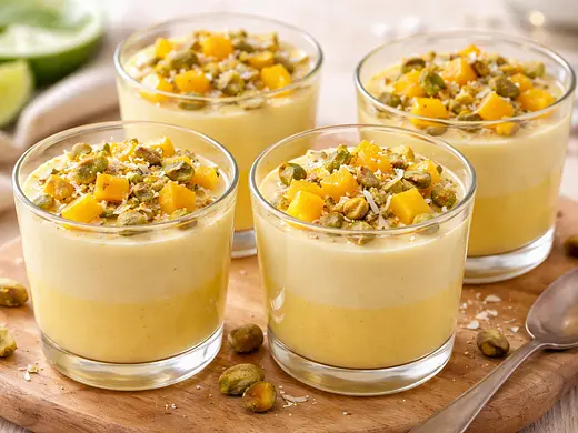 Vasitos de gelatina cremosa de mango y coco con limón
