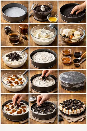 Pay helado de Oreo con cajeta y toque de café - guia visual del proceso