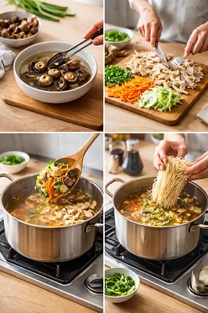 Sopa de fideos chinos con pollo y verduras - guia visual del proceso