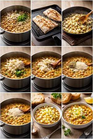 Potaje de legumbres con bacalao y arroz - guia visual del proceso