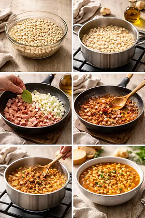 Potaje de alubias blancas con panceta - guia visual del proceso