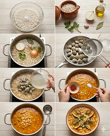 Alubias blancas con almejas - guia visual del proceso