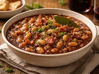 Frijoles guisados con vino tinto y tocino