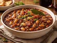 Frijoles guisados con vino tinto y tocino