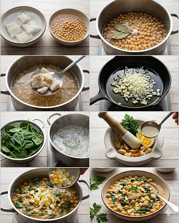 Garbanzos con bacalao y espinacas - guia visual del proceso