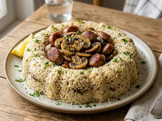 Arroz con champiñones y salchichas
