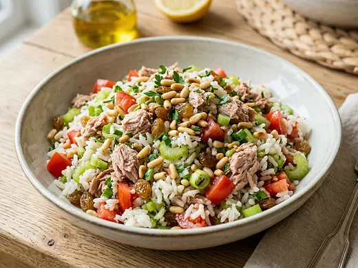 Ensalada de arroz con atún y piñones