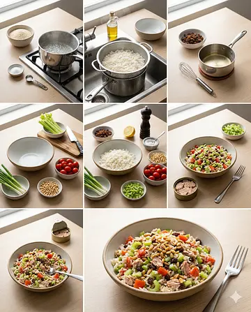 Ensalada de arroz con atún y piñones - guia visual del proceso