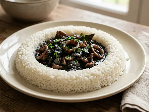 Arroz blanco con calamares en su tinta