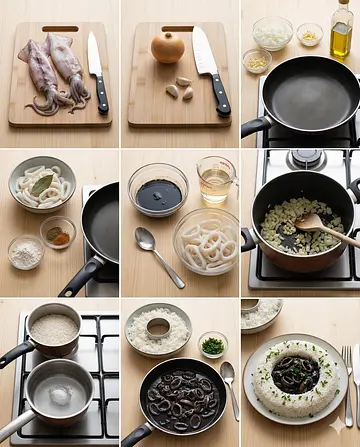 Arroz blanco con calamares en su tinta - guia visual del proceso