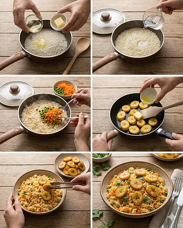 Arroz con plátanos y zanahoria - guia visual del proceso