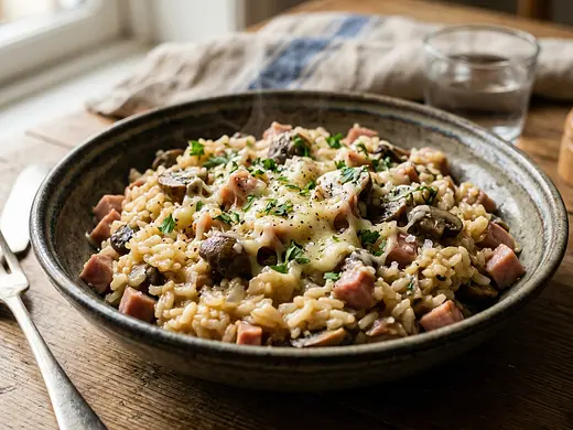 Arroz con jamón y champiñones