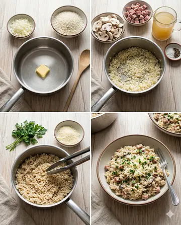 Arroz con jamón y champiñones - guia visual del proceso