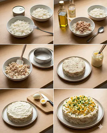Arroz blanco con atún, mayonesa y huevo - guia visual del proceso