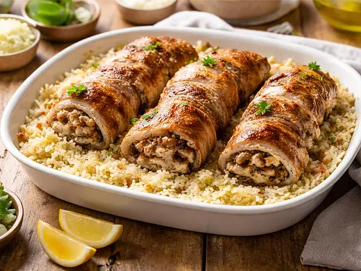 Arroz blanco con lomo relleno de champiñones
