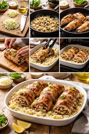 Arroz blanco con lomo relleno de champiñones - guia visual del proceso