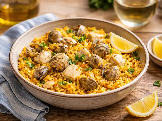 Arroz con almejas y pescado