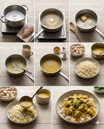 Arroz pilaf con pollo al curry - guia visual del proceso