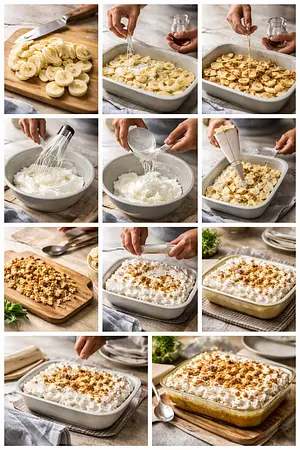 Postre de plátano horneado con merengue - guia visual del proceso