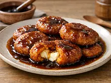 Tortitas de camote rellenas de queso con miel de piloncillo