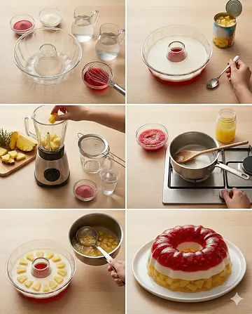 Gelatina tricolor de piña con capas - guia visual del proceso