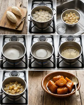 Camote cubierto en almíbar - guia visual del proceso