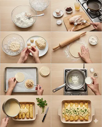 Taquitos de pollo horneados en salsa de queso - guia visual del proceso