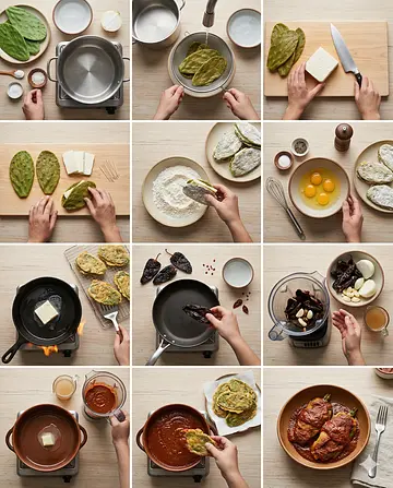 Nopalitos rellenos de queso en salsa de chile ancho - guia visual del proceso