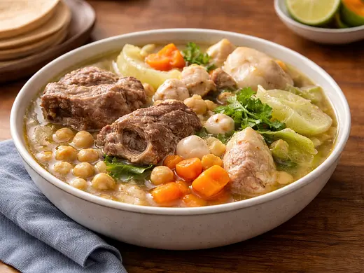 Caldo mexicano de res y pollo con garbanzos