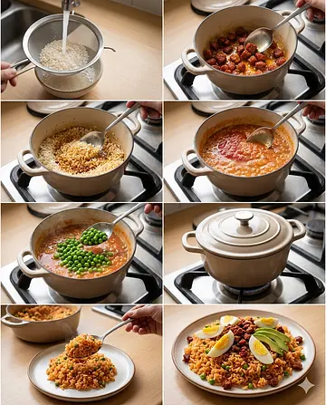 Arroz a la mexicana con chorizo y huevo - guia visual del proceso