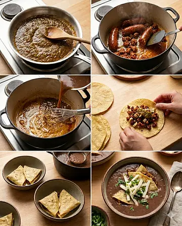 Sopa de frijoles con tortillas fritas rellenas - guia visual del proceso