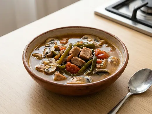 Sopa de hongos con carne de cerdo y rajas