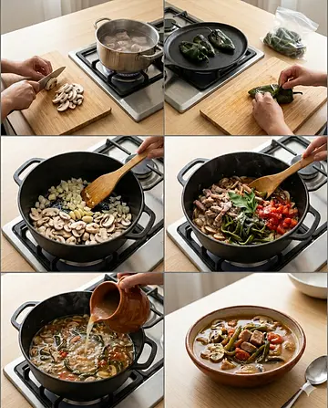 Sopa de hongos con carne de cerdo y rajas - guia visual del proceso