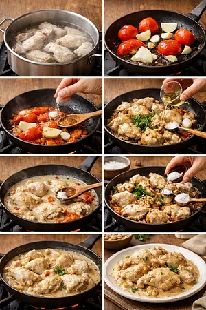 Gallina en salsa de nuez - guia visual del proceso