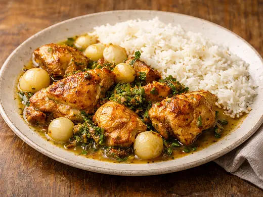 Pollo Capón Guisado con Arroz y Hierbas