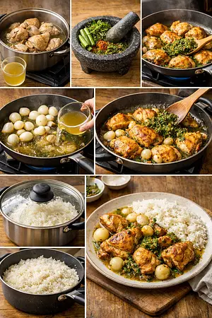 Pollo Capón Guisado con Arroz y Hierbas - guia visual del proceso