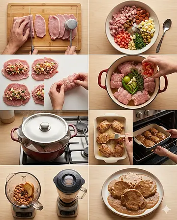 Lomitos de puerco rellenos en salsa de almendras - guia visual del proceso