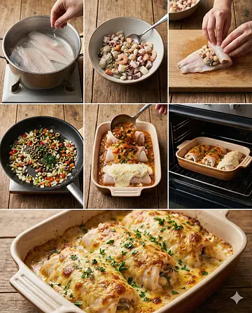 Filetes de mero rellenos de mariscos - guia visual del proceso