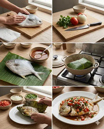 Pámpano envuelto en hoja de plátano - guia visual del proceso