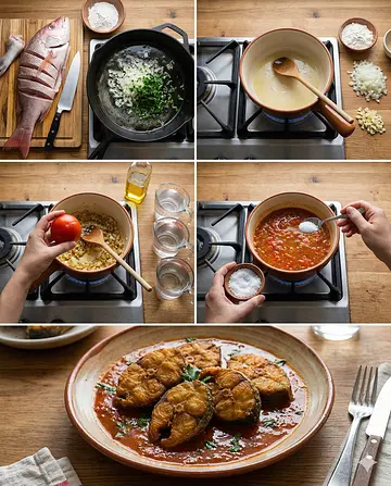 Pescado frito en salsa de Puebla - guia visual del proceso