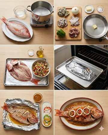 Huachinango relleno de mariscos - guia visual del proceso