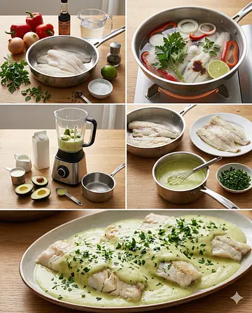 Pescado en salsa cremosa de aguacate - guia visual del proceso