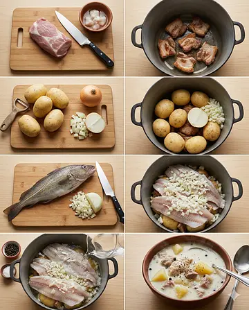 Sopa de pescado con cerdo - guia visual del proceso