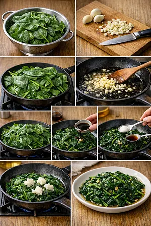 Espinacas salteadas con ajo y manteca - guia visual del proceso